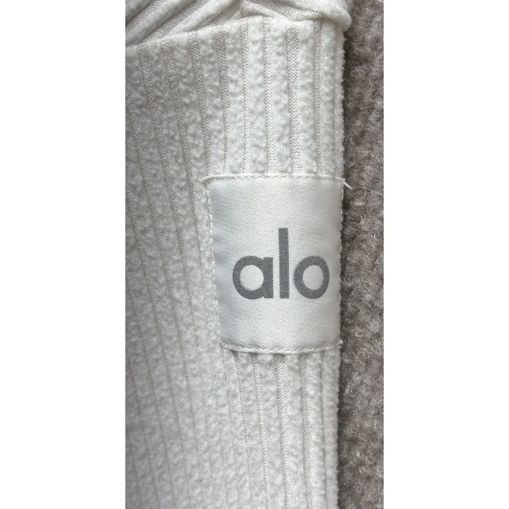 Alo Yoga Size S Muse Hoodie Beige Bone Cropped Ribbed Knit Stretch Workout Gym